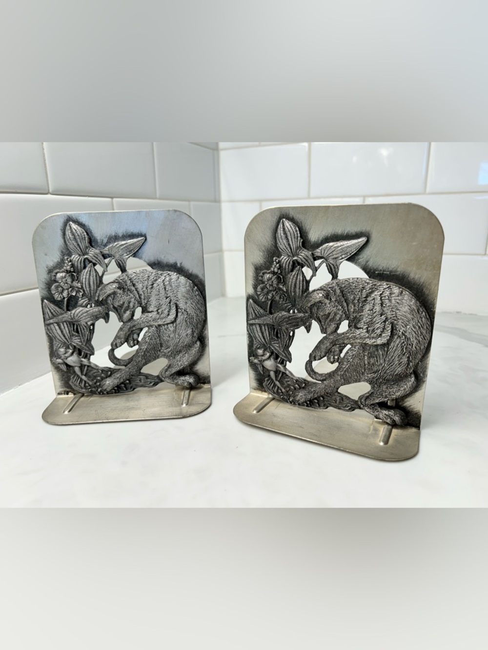 Vintage Metzke Pewter Cat Frog Lily Pond Bookends Set